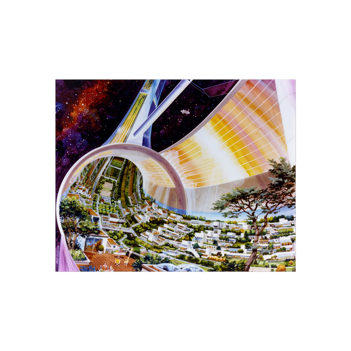 Space Colony Poster — Futuristic Rotating Habitat Fine Art Print