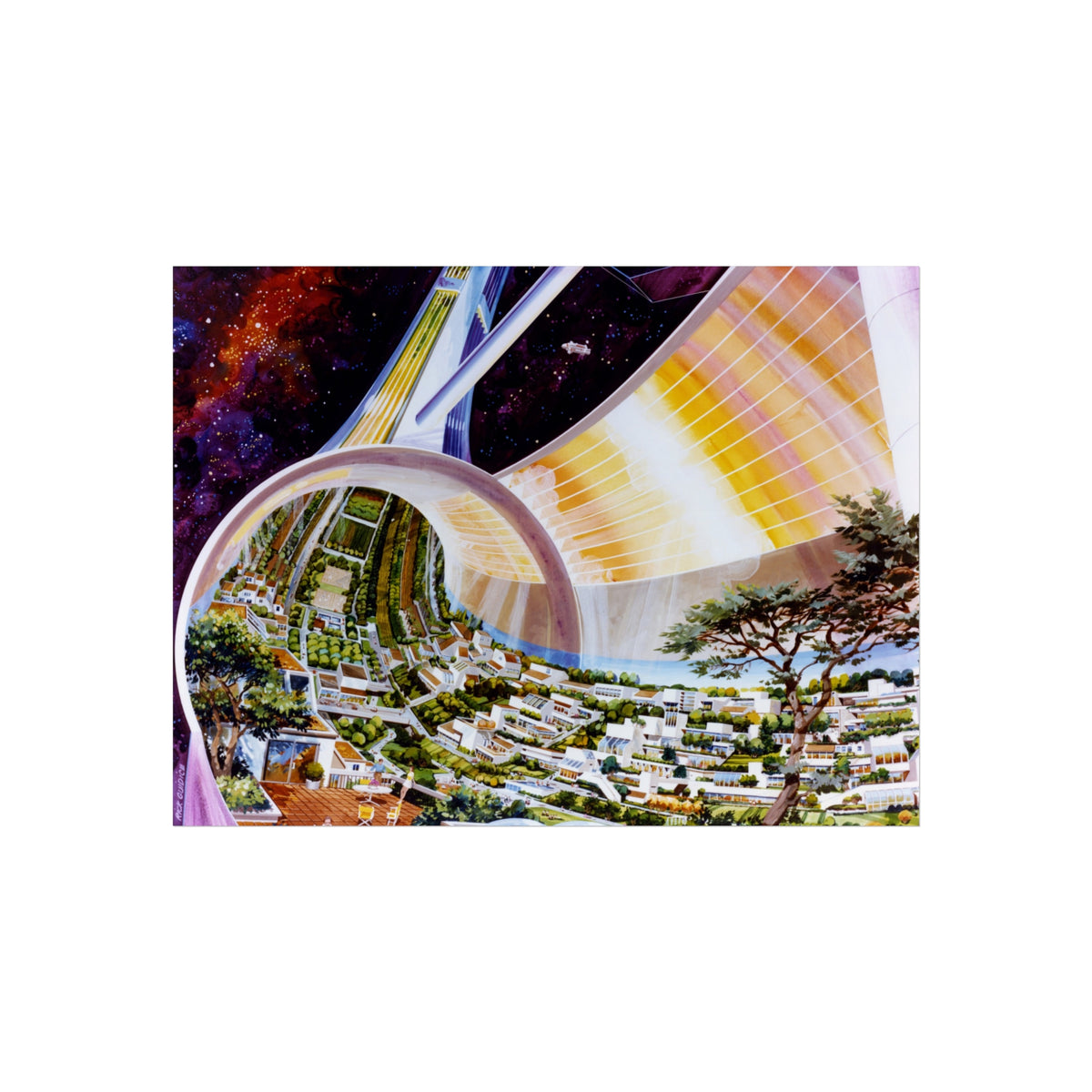 Space Colony Poster — Futuristic Rotating Habitat Fine Art Print