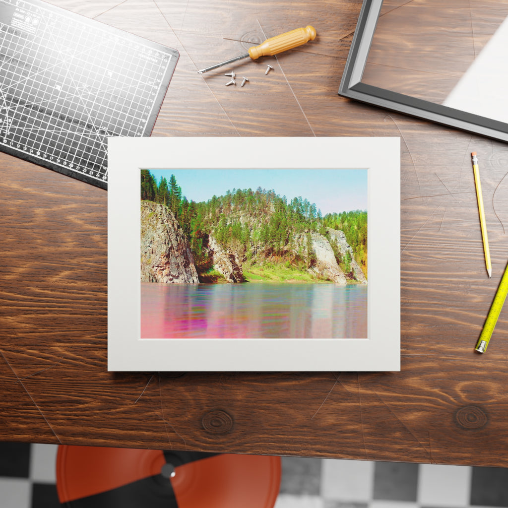 Landscape Fine Art Print with Passepartout Frame — Pastel River Cliff Scene