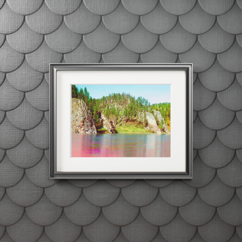 Landscape Fine Art Print with Passepartout Frame — Pastel River Cliff Scene