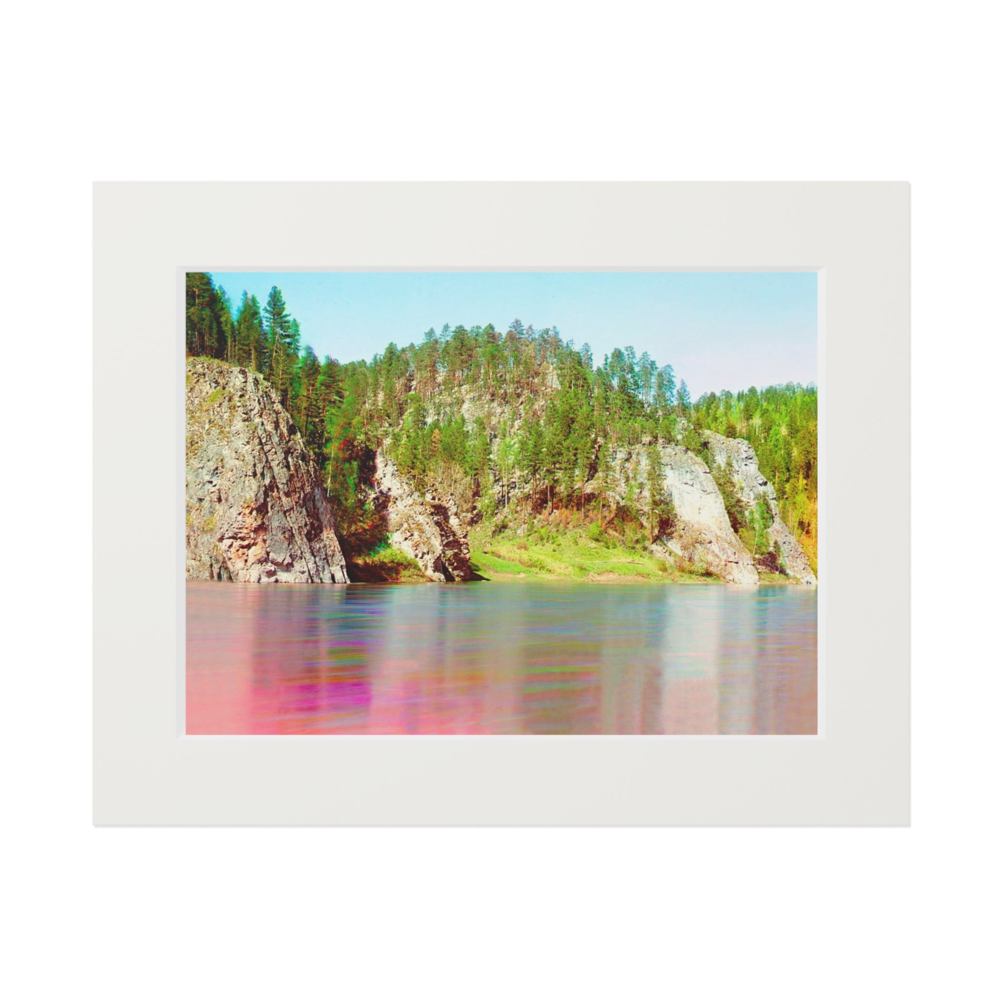 Landscape Fine Art Print with Passepartout Frame — Pastel River Cliff Scene